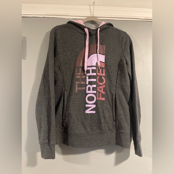 The North Face Tops - The North Face‎ Hoodie Gray Purple Pullover Pockets Vertical Logo Size S